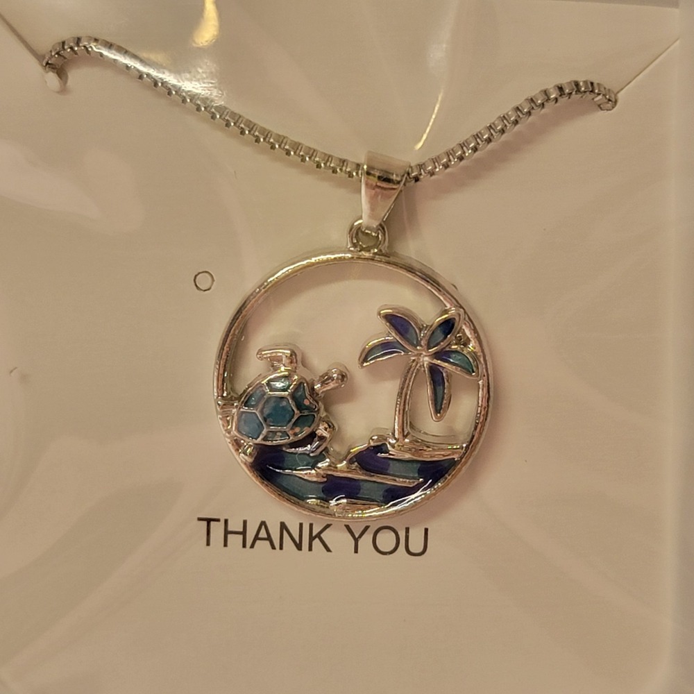 Fashion Jewelry Sea Turtle Island Necklace Blue Cubic-Opal